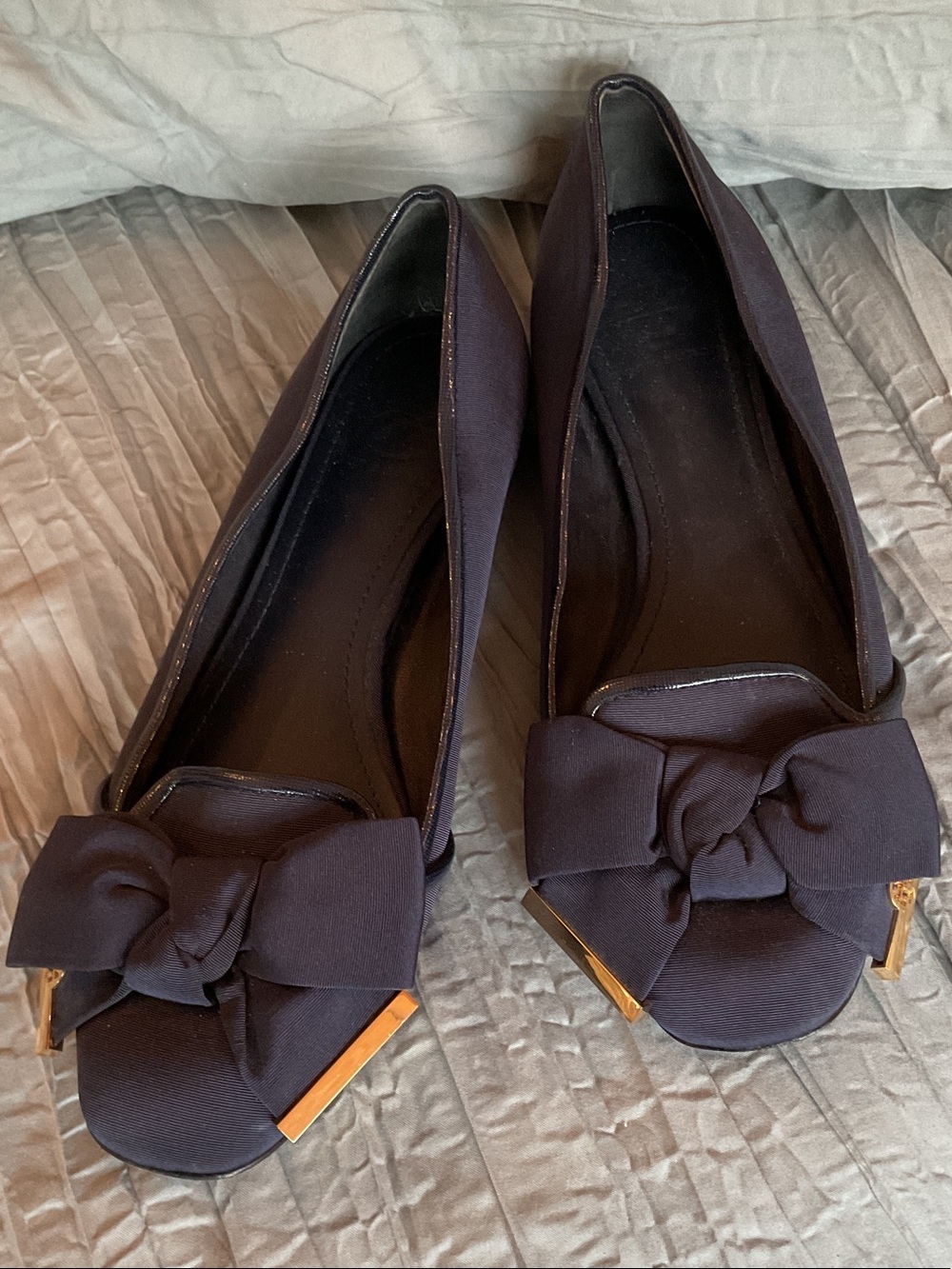 Tory Burch Navy Bow-Accent Ballet Flats with Gold Trim